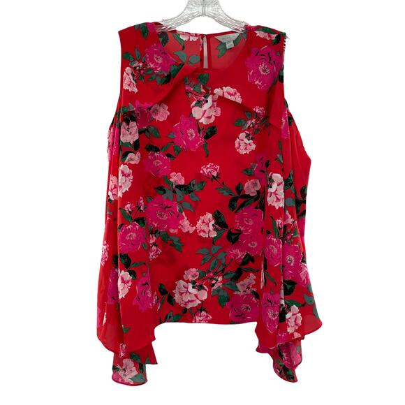 BELLE SKY Red Floral Cold Shoulder Long Bell Sleeve Loose Boho Blouse Top XXL - Picture 1 of 11